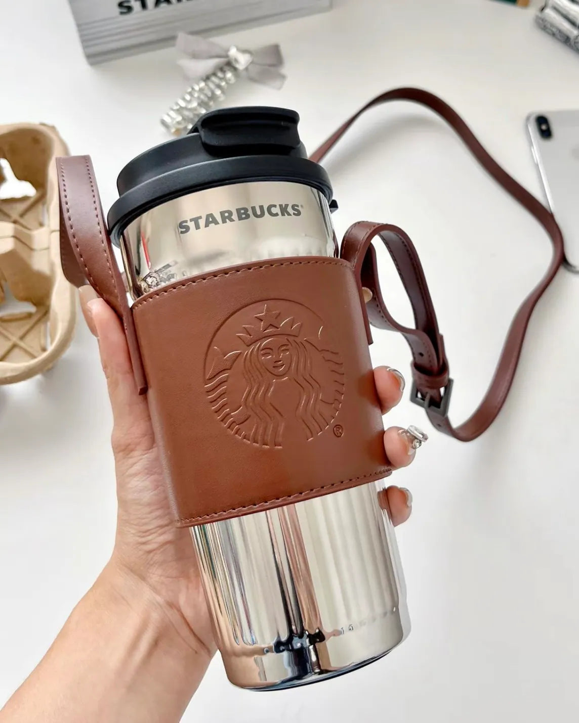 Starbucks 復古鏡面杯身保溫杯 470ML（含皮質杯套）