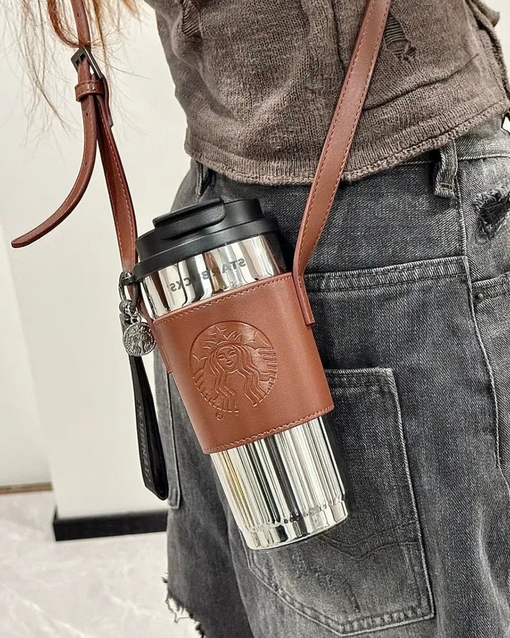 Starbucks 復古鏡面杯身保溫杯 470ML（含皮質杯套）