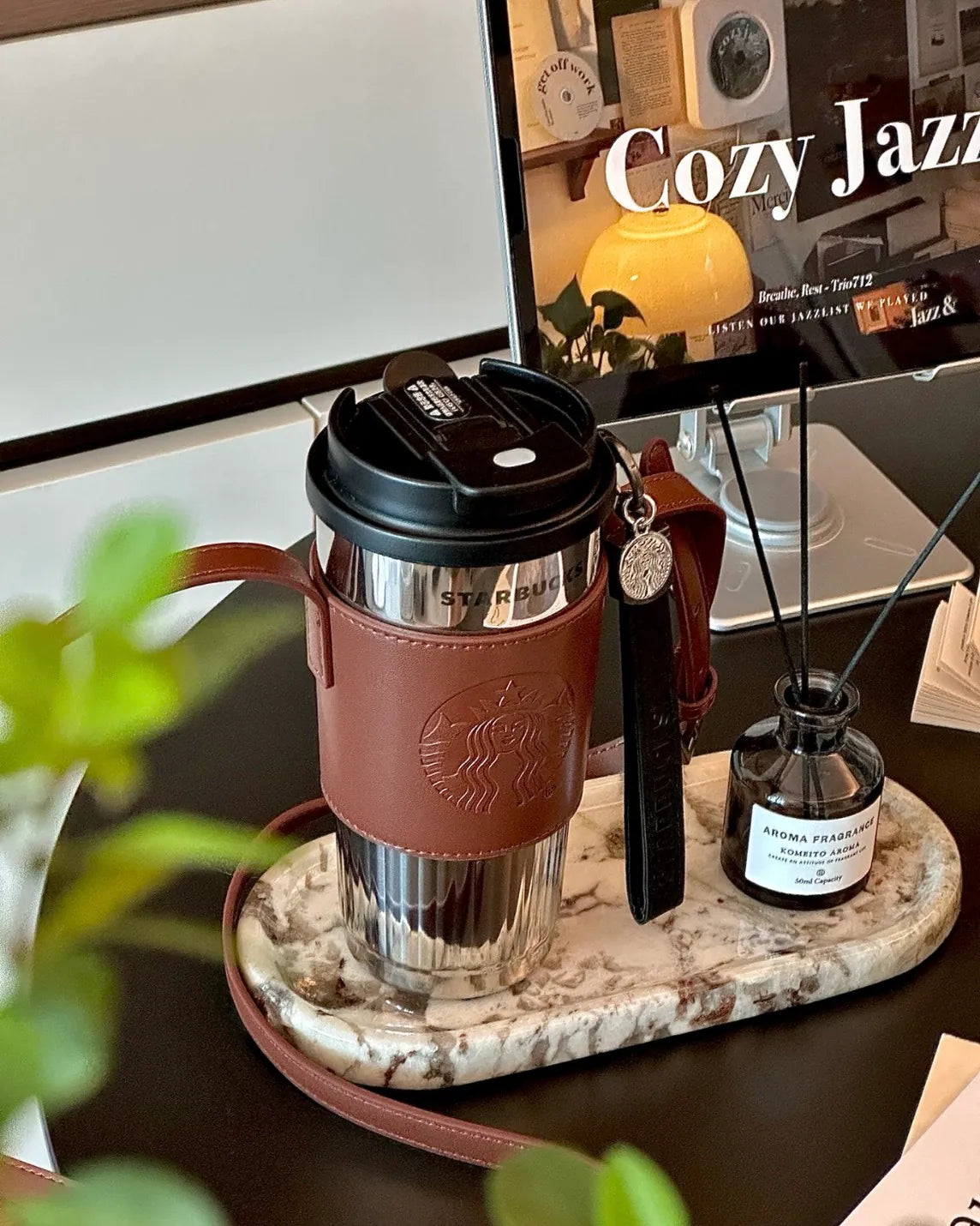 Starbucks 復古鏡面杯身保溫杯 470ML（含皮質杯套）