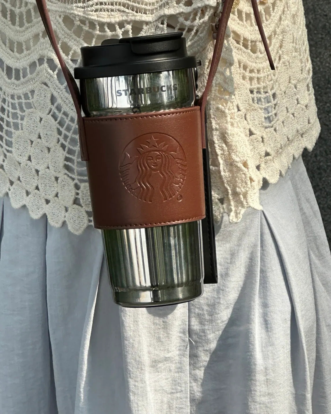 Starbucks 復古鏡面杯身保溫杯 470ML（含皮質杯套）