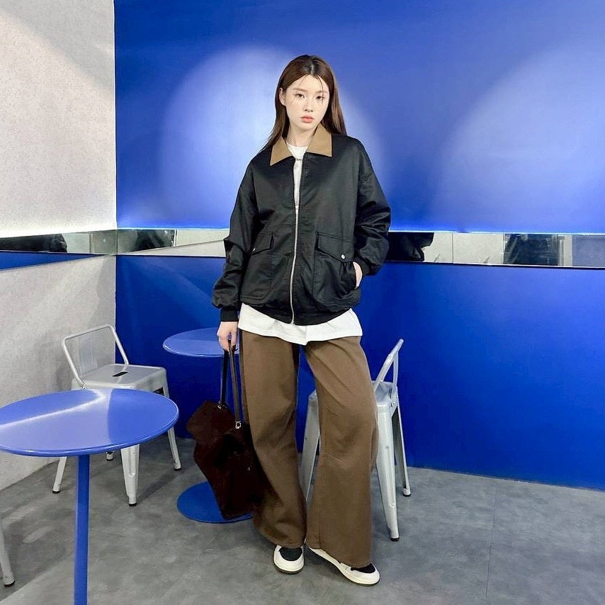 #C467 Color- blocking leather jacket