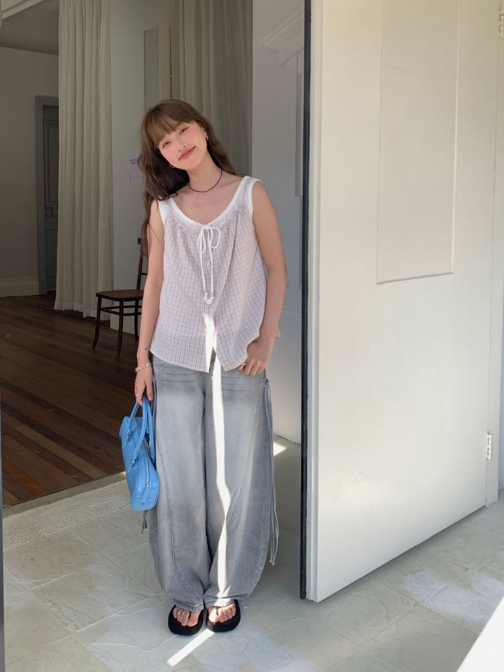 #MD76 Checker Layered Tank Top