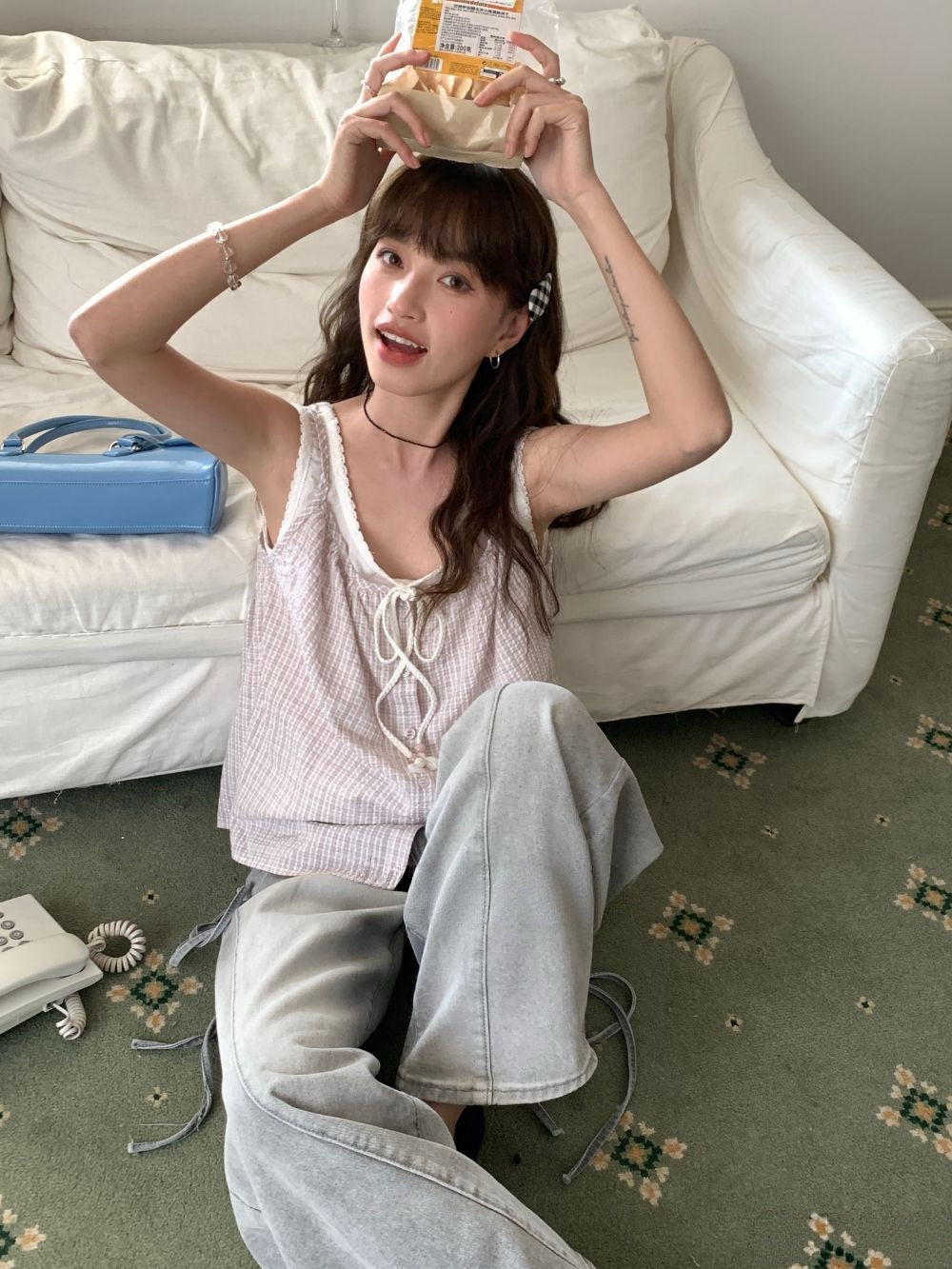 #MD76 Checker Layered Tank Top