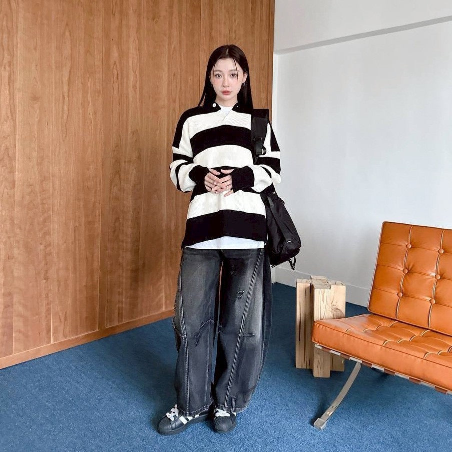 #C404 Stripe Hooded Knitting Top