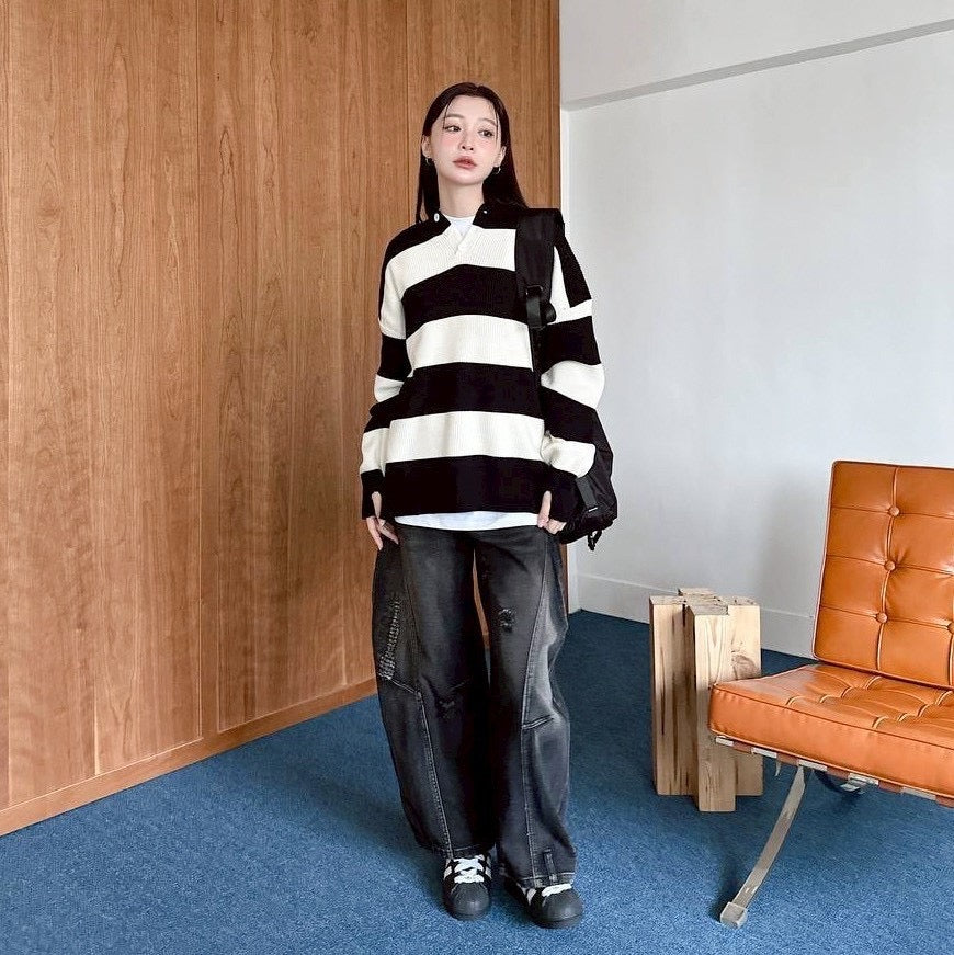 #C404 Stripe Hooded Knitting Top