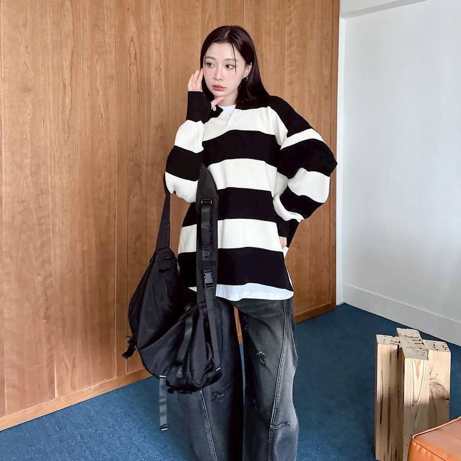 #C404 Stripe Hooded Knitting Top