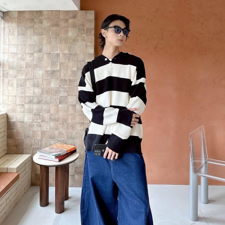 #C404 Stripe Hooded Knitting Top