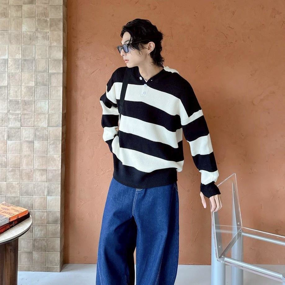 #C404 Stripe Hooded Knitting Top