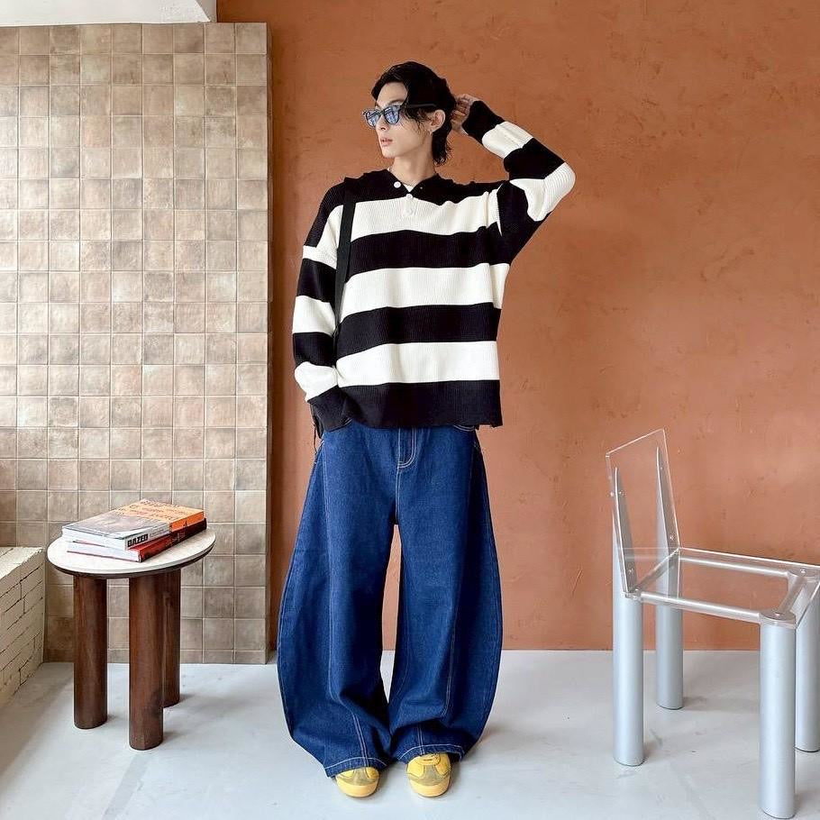 #C404 Stripe Hooded Knitting Top