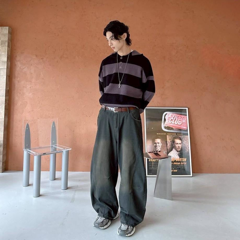 #C404 Stripe Hooded Knitting Top