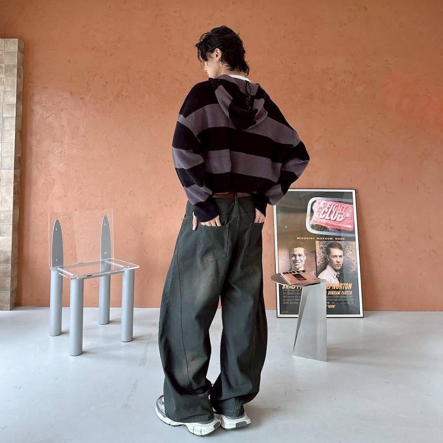 #C404 Stripe Hooded Knitting Top