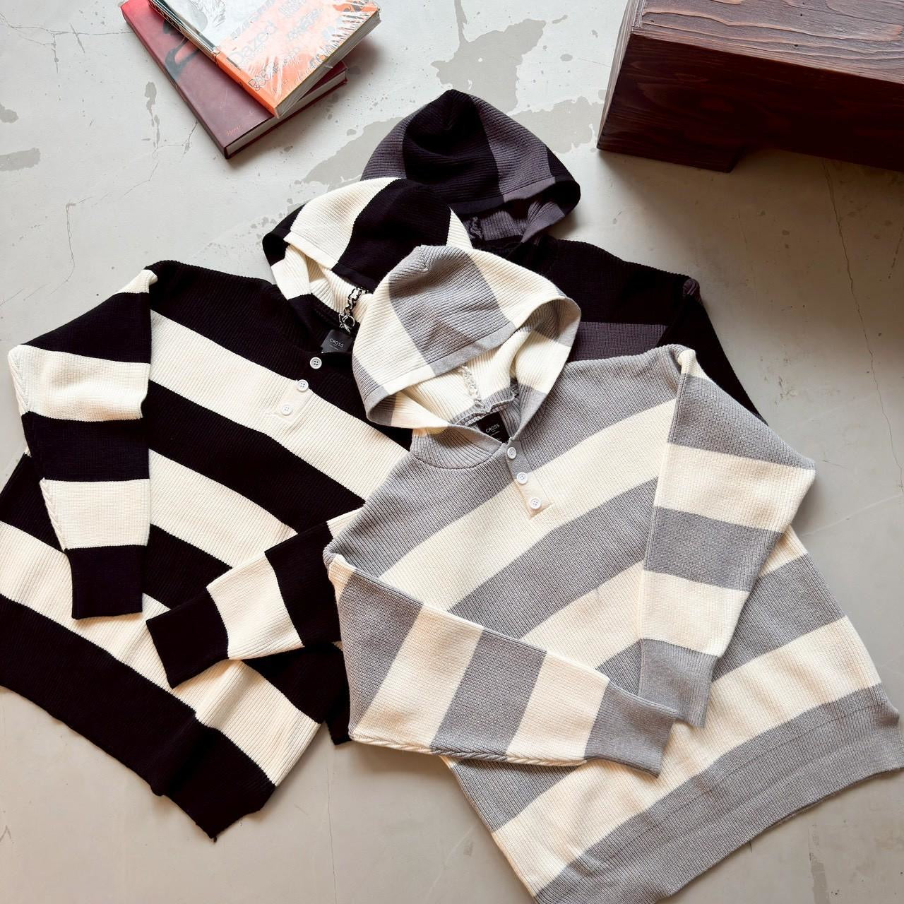 #C404 Stripe Hooded Knitting Top
