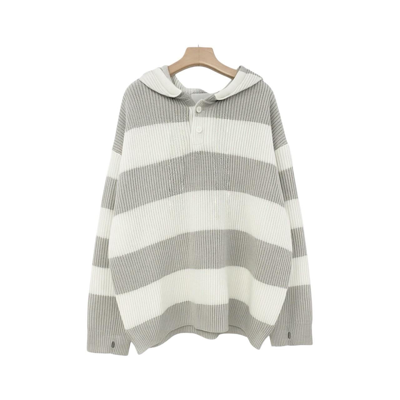 #C404 Stripe Hooded Knitting Top