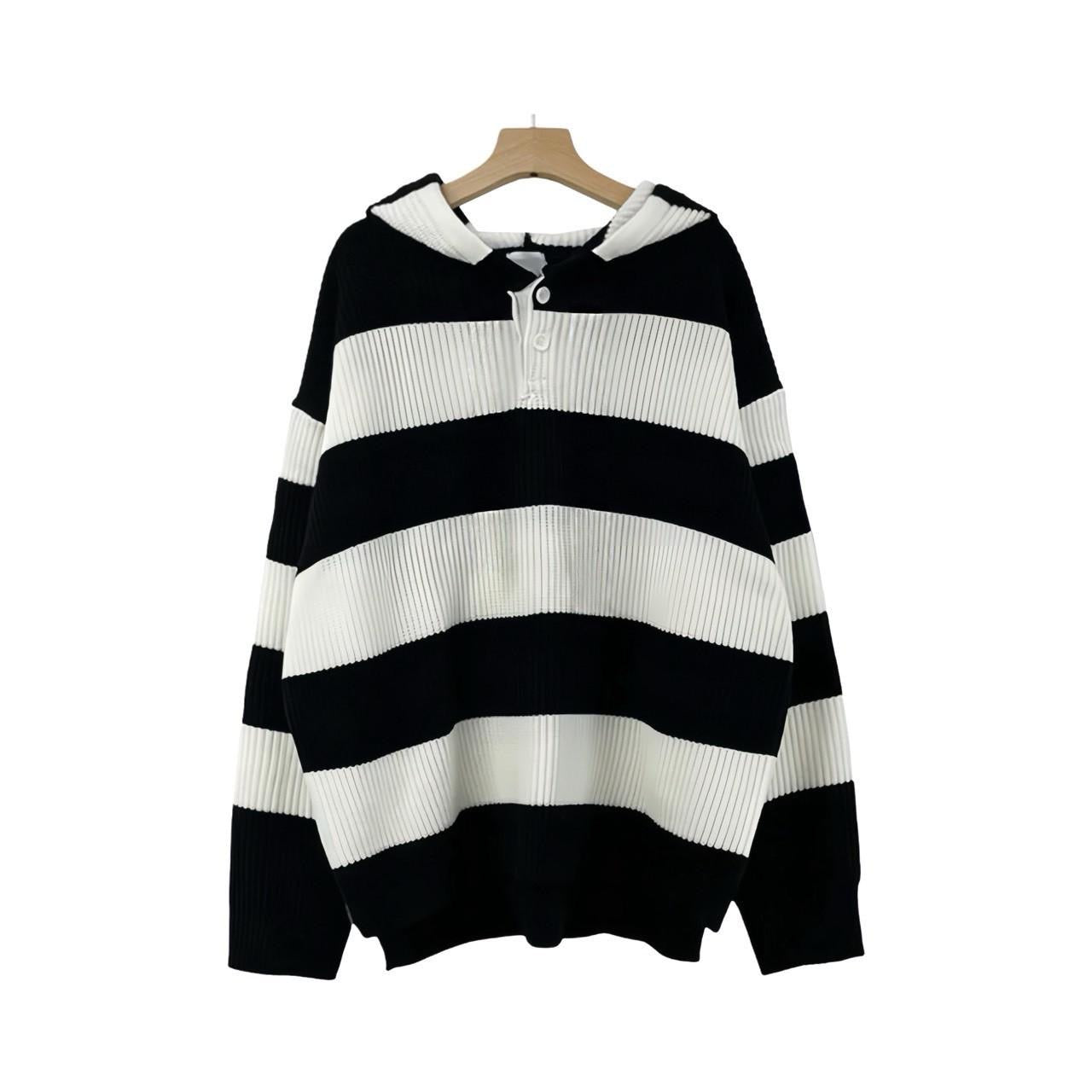 #C404 Stripe Hooded Knitting Top
