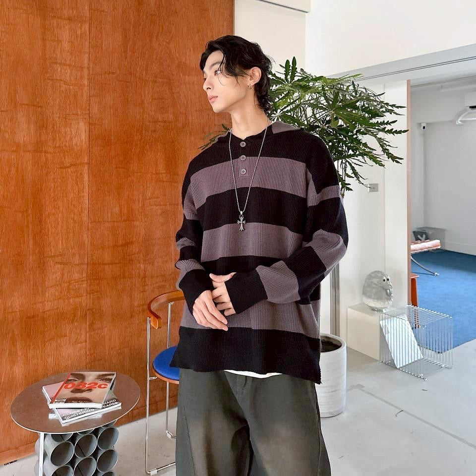 #C404 Stripe Hooded Knitting Top