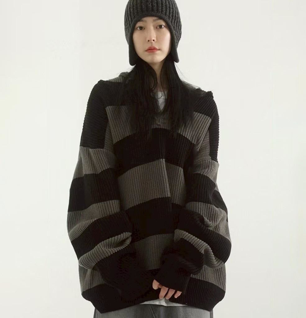 #C404 Stripe Hooded Knitting Top