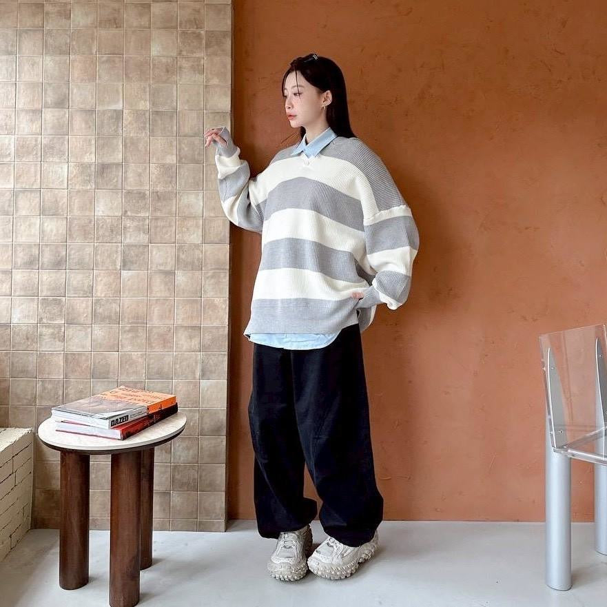 #C404 Stripe Hooded Knitting Top