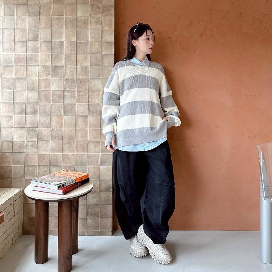 #C404 Stripe Hooded Knitting Top