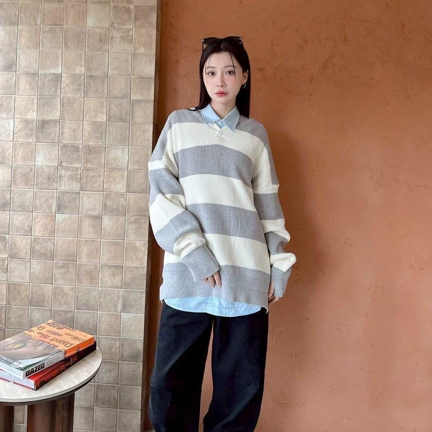 #C404 Stripe Hooded Knitting Top