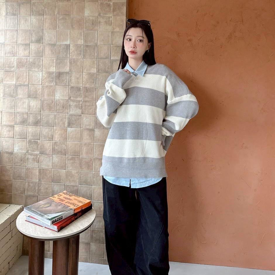 #C404 Stripe Hooded Knitting Top