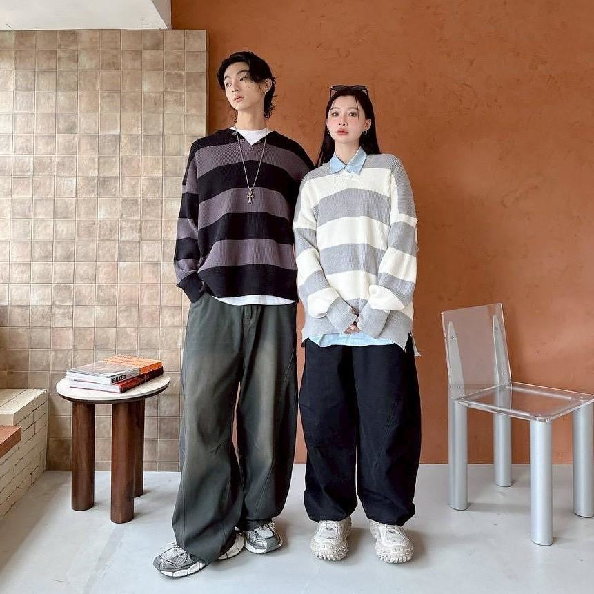 #C404 Stripe Hooded Knitting Top