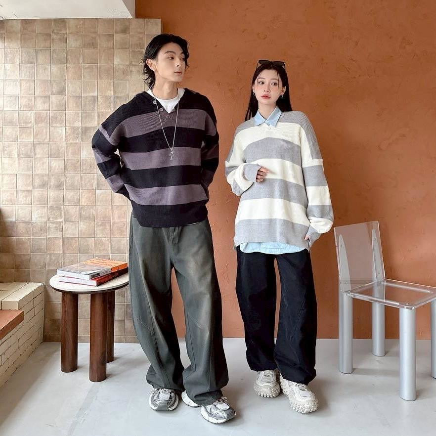 #C404 Stripe Hooded Knitting Top