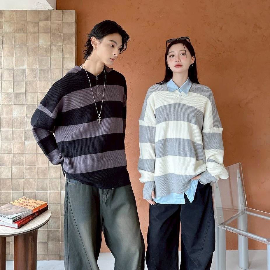 #C404 Stripe Hooded Knitting Top