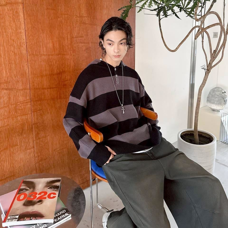 #C404 Stripe Hooded Knitting Top