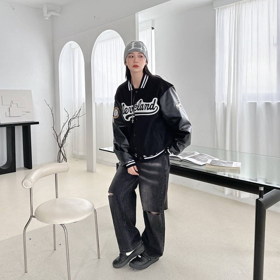 #C299 Wool and Leather Patchwork Baseball Jacket - Idiot Sandwich Apparel Limited - 