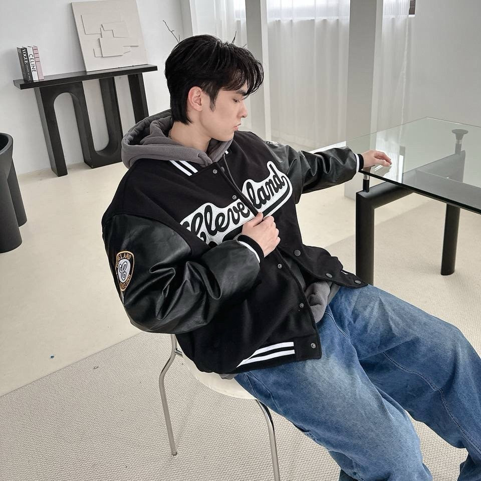 #C299 Wool and Leather Patchwork Baseball Jacket - Idiot Sandwich Apparel Limited - 