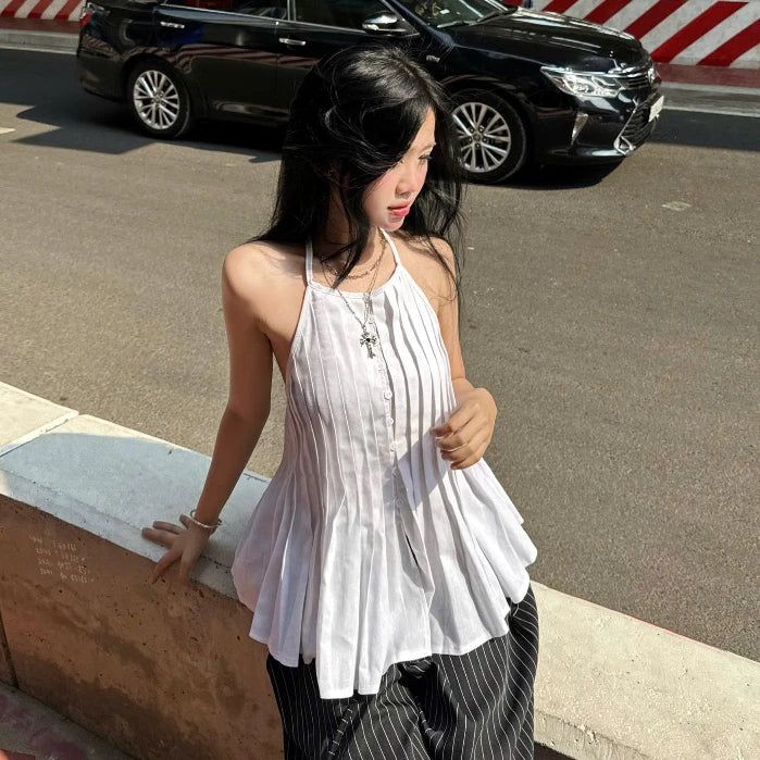 #VNGC06 LINEN BACKLESS HALTER TOP