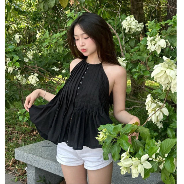 #VNGC06 LINEN BACKLESS HALTER TOP